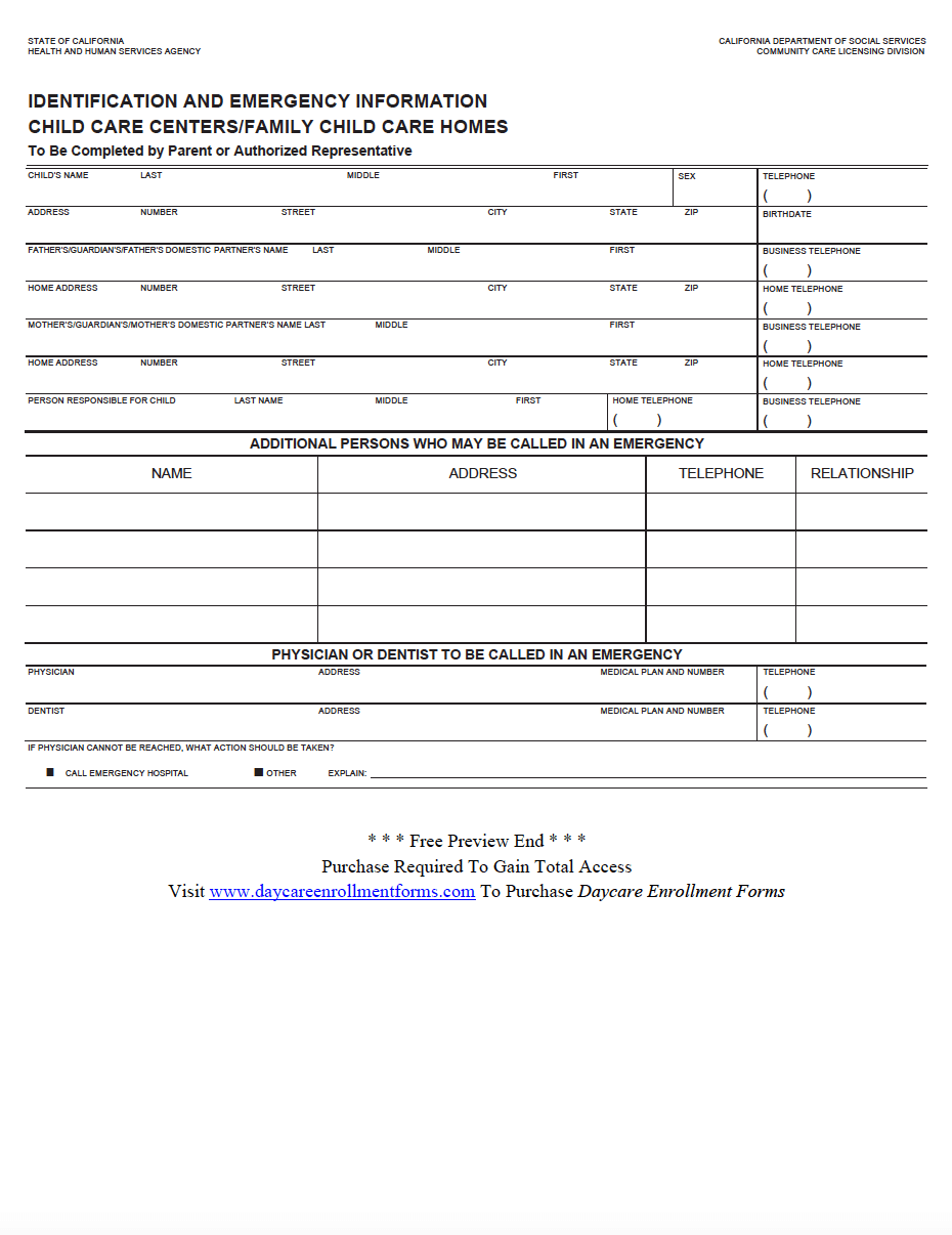 Free Printable Daycare Enrollment Forms Printable Form Templates And 